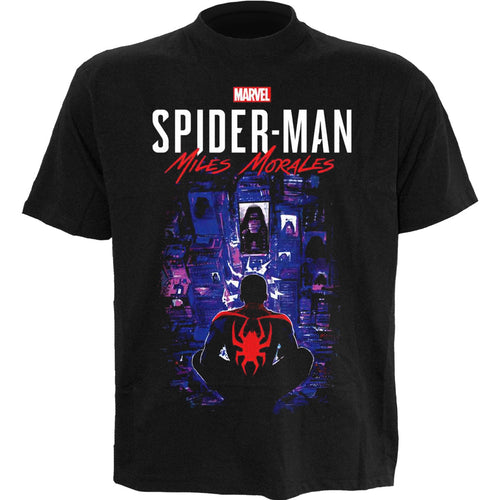 MARVEL SPIDER-MAN MILES MORALES VIDEOGAME - CITY OVERWATCH - Front Print T-Shirt Black