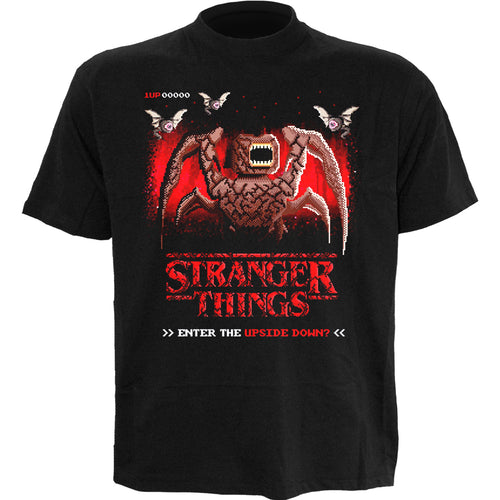 STRANGER THINGS - 8 BIT UPSIDE DOWN - Front Print T-Shirt Black